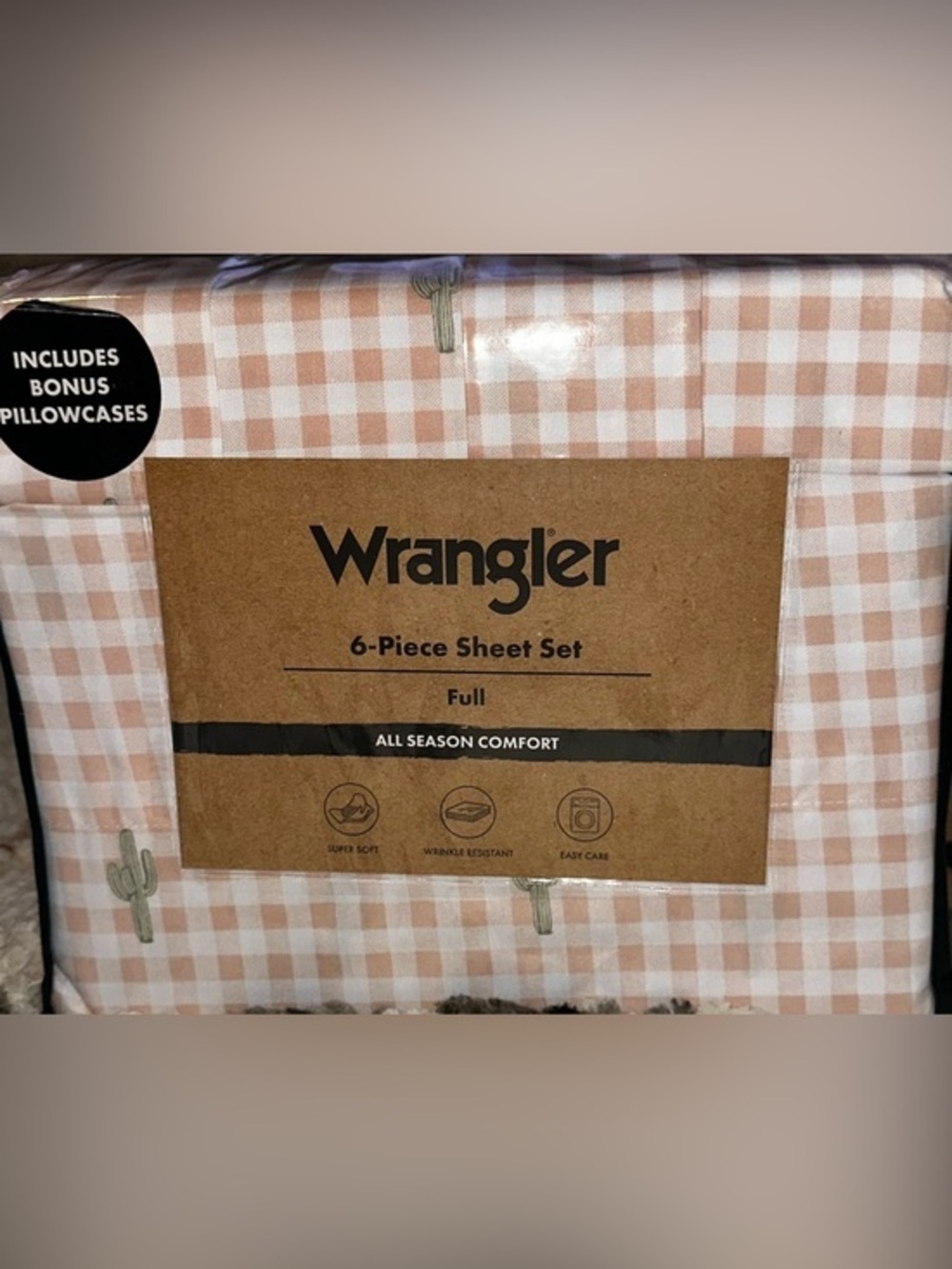 NEW Wrangler Pink/Blush & White Gingham Full Sheet Set with Cactus 🌵